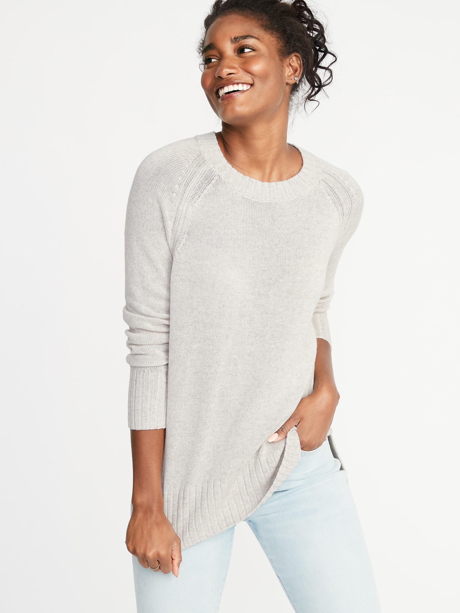 Rib-Knit Trim Crew-Neck Sweater for Women