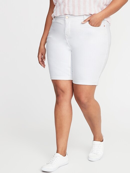 Image number 1 showing, Mid-Rise Secret-Slim Pockets Plus-Size White Jean Bermuda Shorts - 9-inch inseam