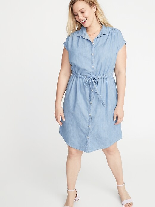 Image number 1 showing, Chambray Cinch-Tie Plus-Size No-Peek Shirt Dress