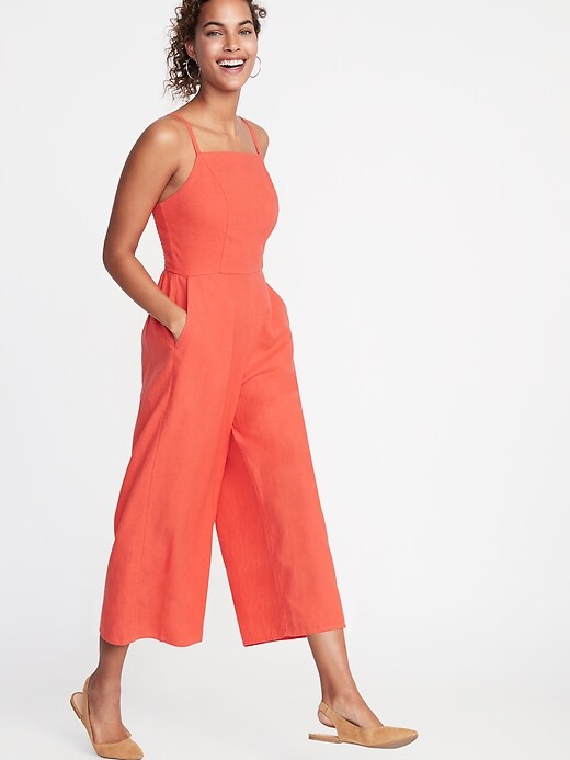 Image number 1 showing, Square-Neck Linen-Blend Jumpsuit for Women