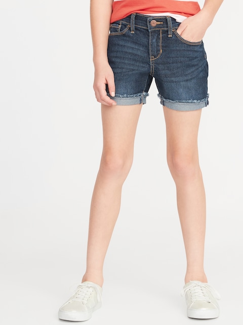 Short en denim à revers roulés et effilochés pour fille - Bleu