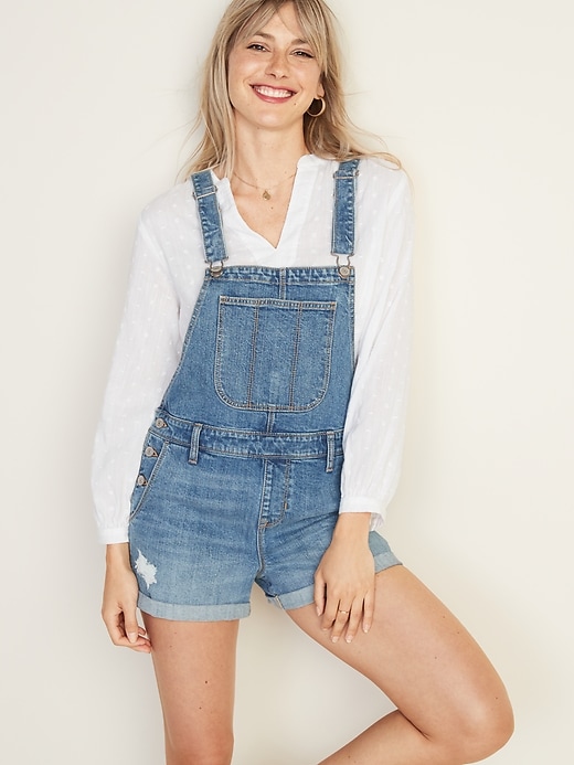 Image number 1 showing, Distressed Jean Shortalls For Women