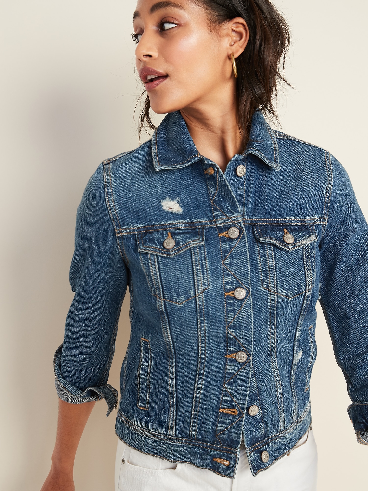 Distressed denim jacket women best sale