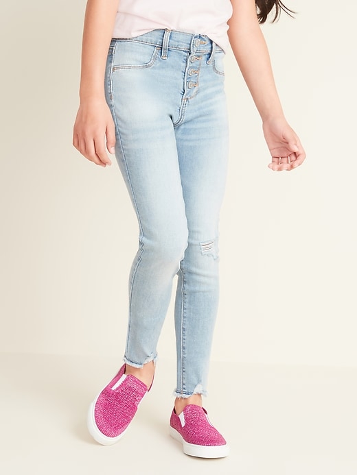 View large product image 1 of 3. High-Waisted Rockstar Built-In Tough Distressed Button-Fly Jeggings for Girls
