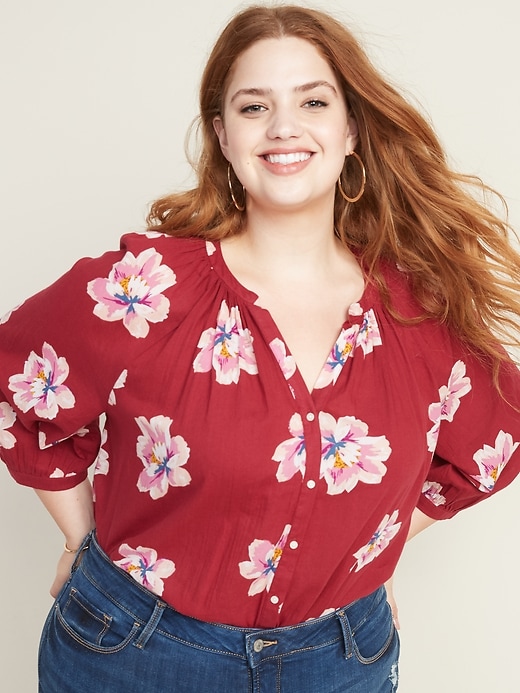 Floral Print No Peek Plus Size Gauze Shirt