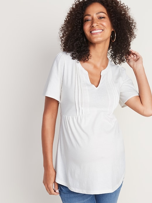 Image number 1 showing, Maternity Pintucked Crochet-Lace Trim Top