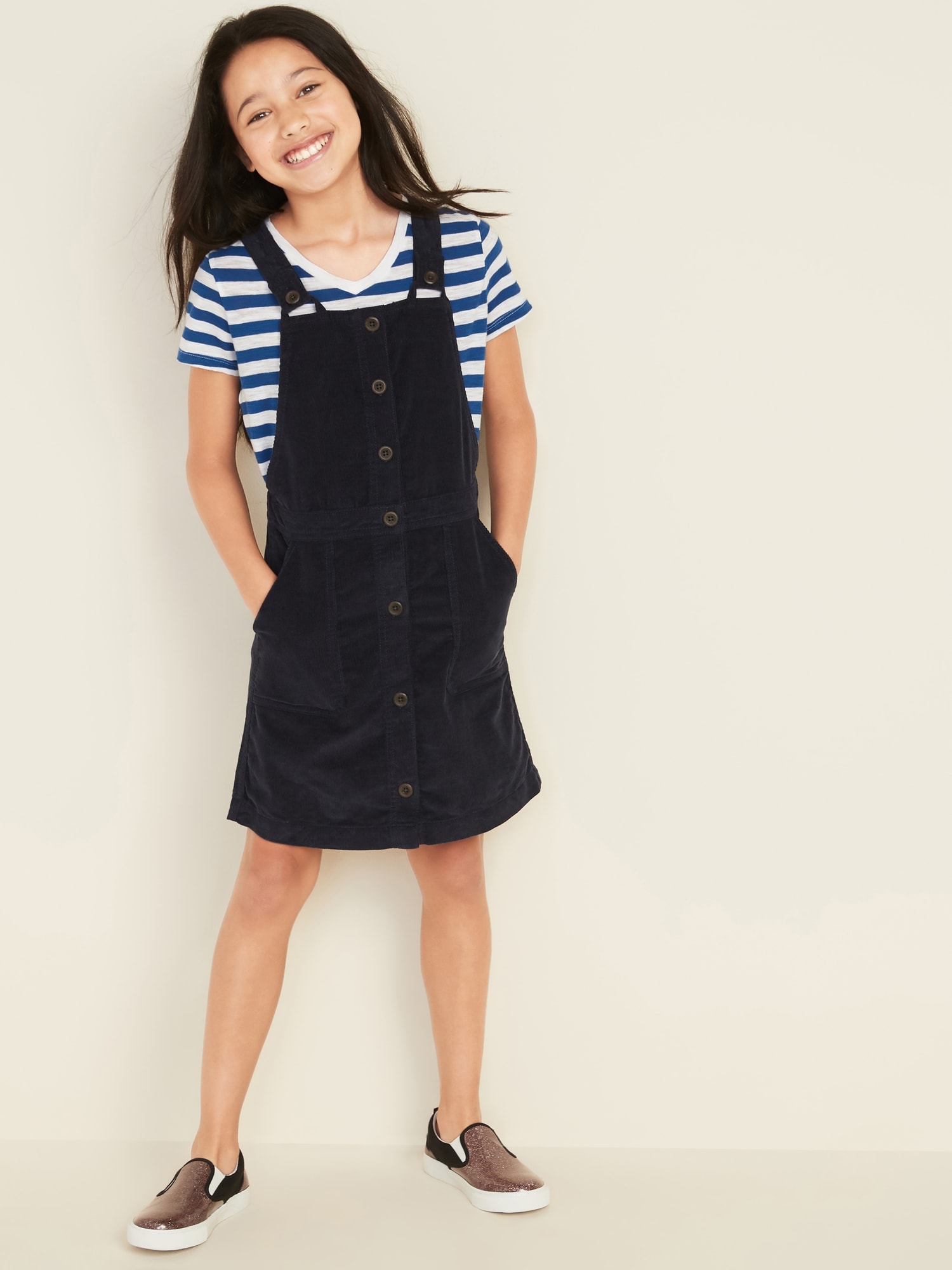 Navy corduroy overall outlet dress