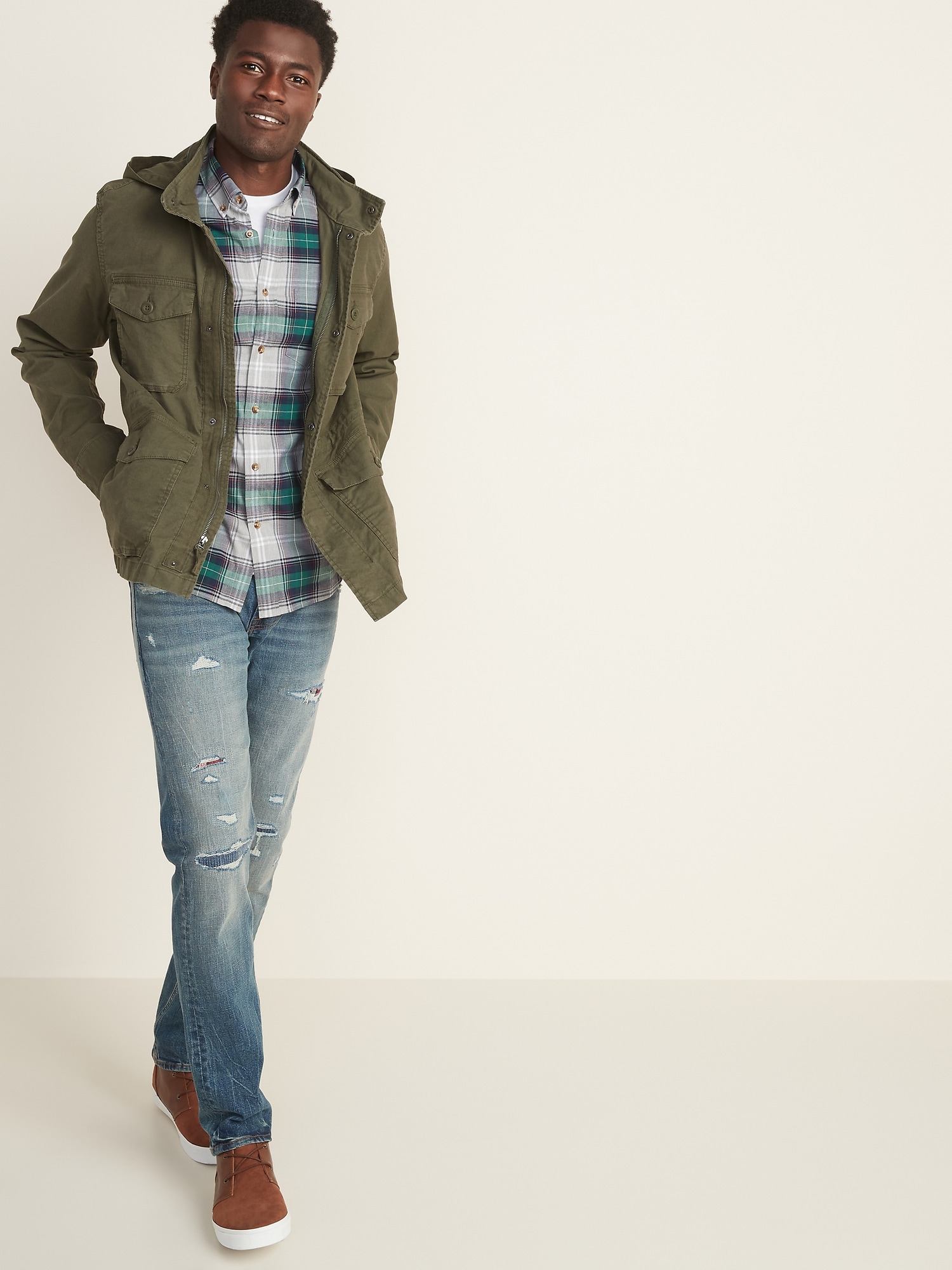 Built-In Flex Stowaway-Hood Military Jacket for Men | Old Navy