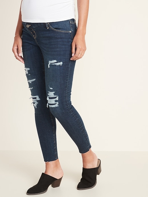 View large product image 1 of 3. Maternity Premium Full Panel Distressed Raw-Edge Rockstar Jeans