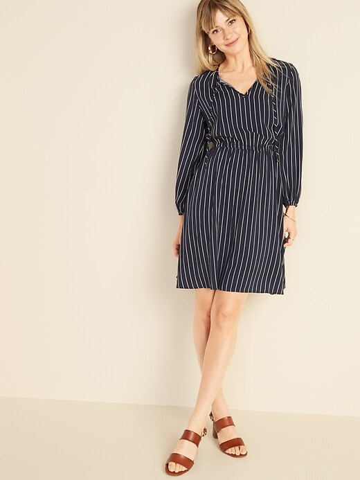 Image number 1 showing, Pinstriped Waist-Defined Tie-Neck Dress for Women