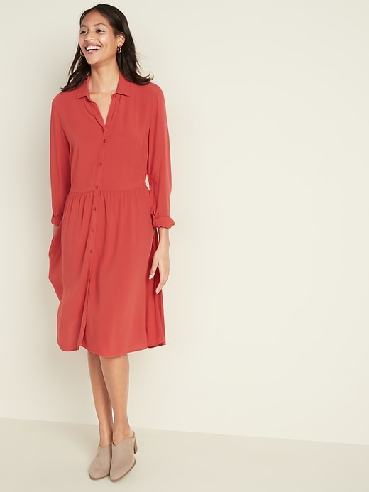 Image number 1 showing, Waist-Defined Crepe Shirt Dress for Women