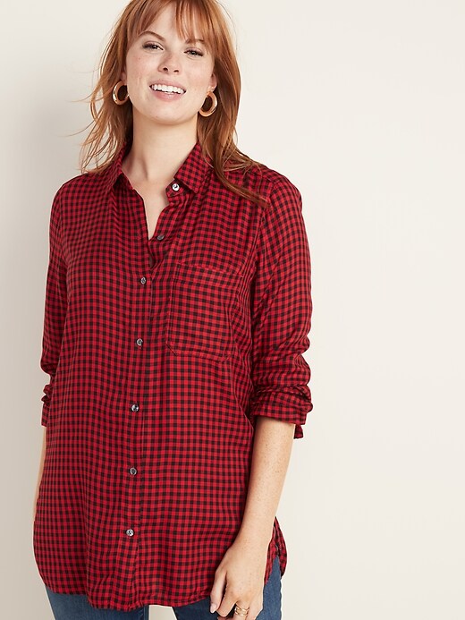 Image number 1 showing, Plaid Drapey Flannel Tunic Shirt for Women