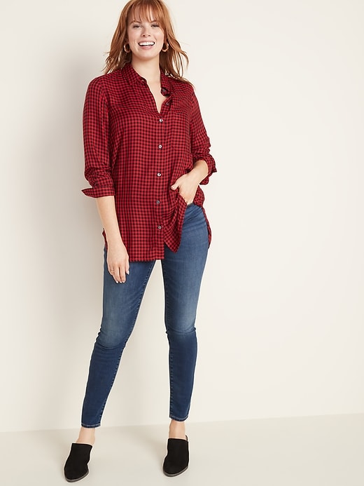 Image number 3 showing, Plaid Drapey Flannel Tunic Shirt for Women