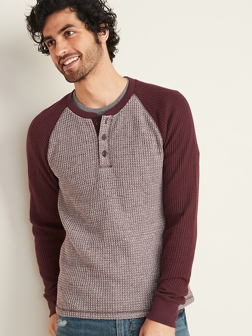 View large product image 1 of 1. Chunky Thermal-Knit Built-In Flex Raglan-Sleeve Henley