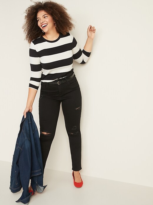 Image number 8 showing, High-Waisted Distressed Power Slim Straight Black Jeans For Women