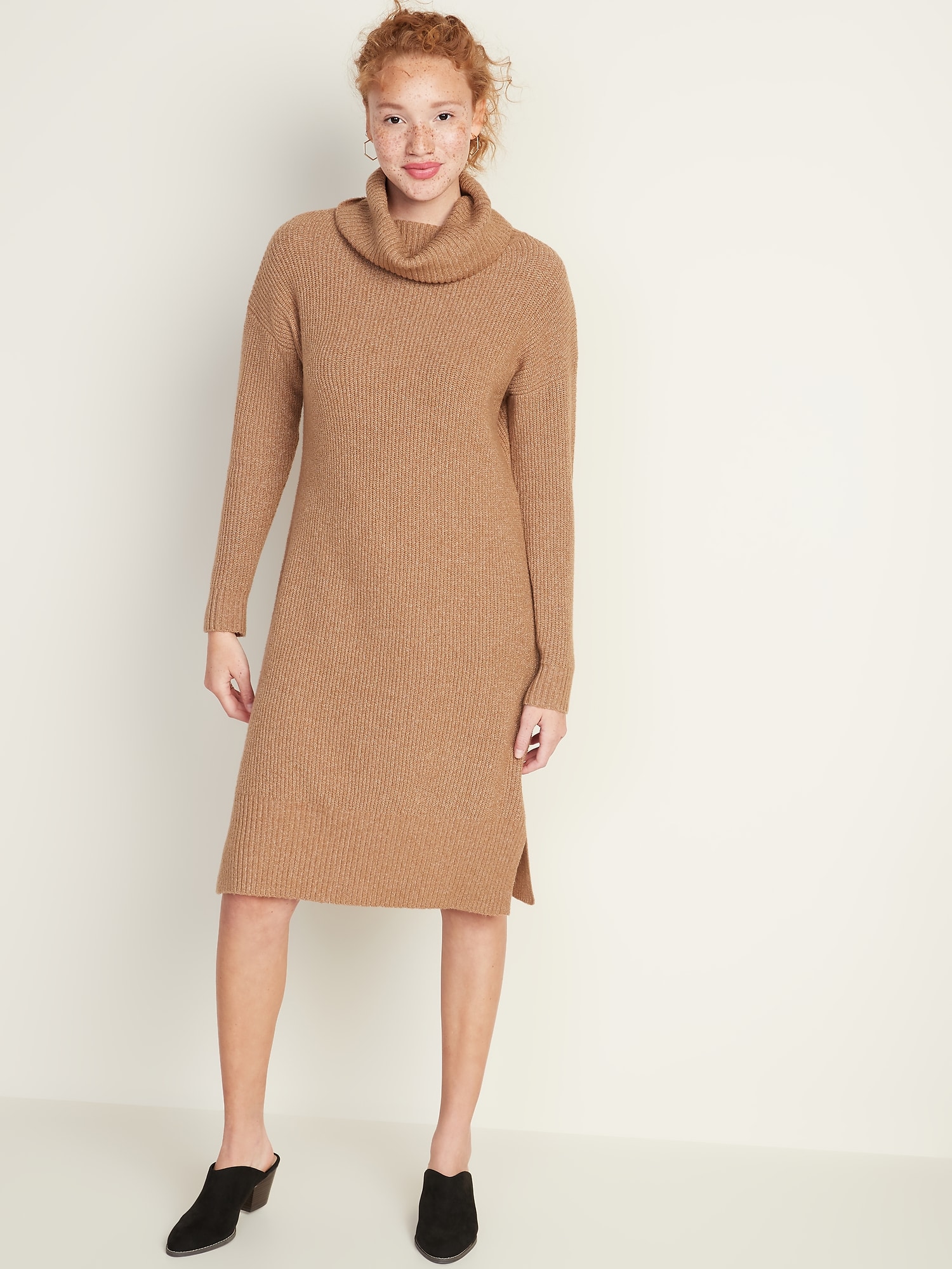 camel turtleneck sweater dress