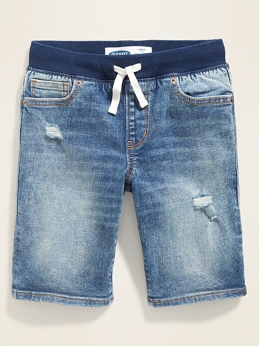 View large product image 1 of 3. Karate Rib-Knit Waist Distressed Built-In Flex Max Jean Shorts For Boys