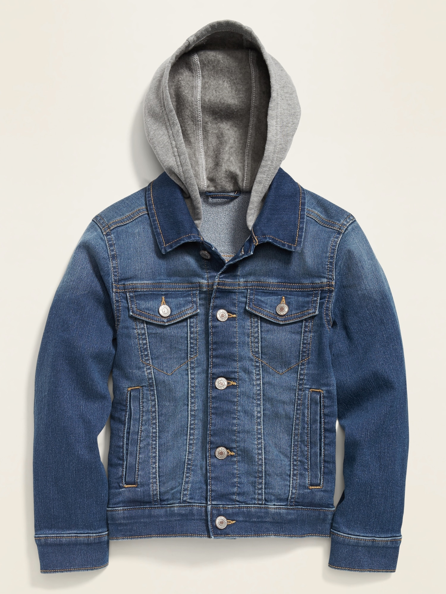 denim jacket with fleece sleeves and hood