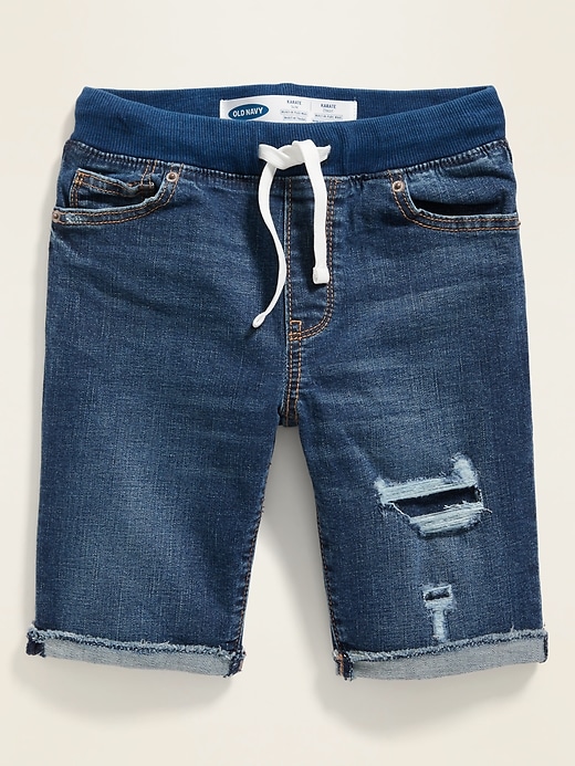 View large product image 1 of 3. Karate Rib-Knit Waist Distressed Built-In Flex Max Jean Shorts For Boys