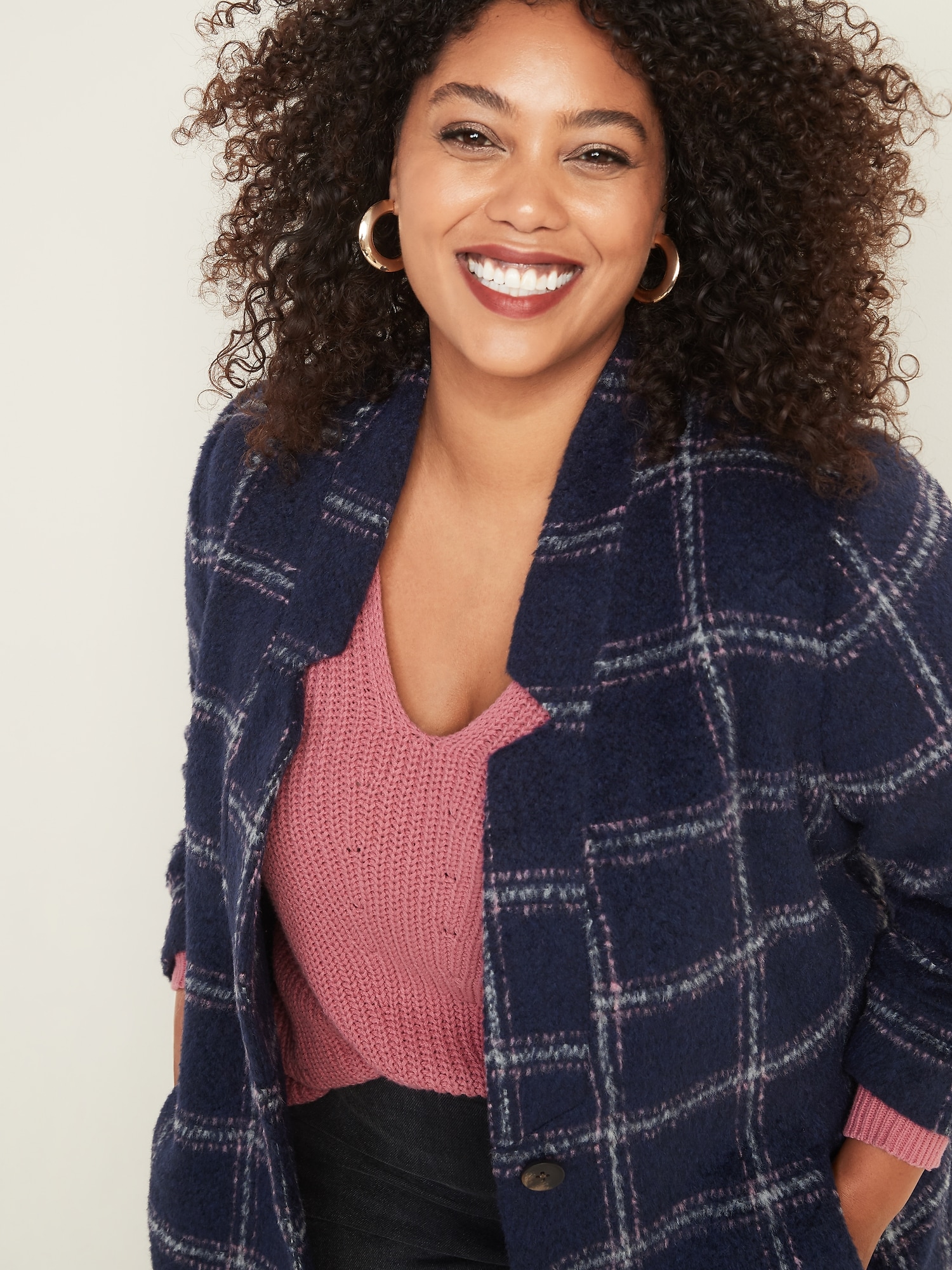 Oversized Plus Size Textured Plaid Cardigan Coat Old Navy