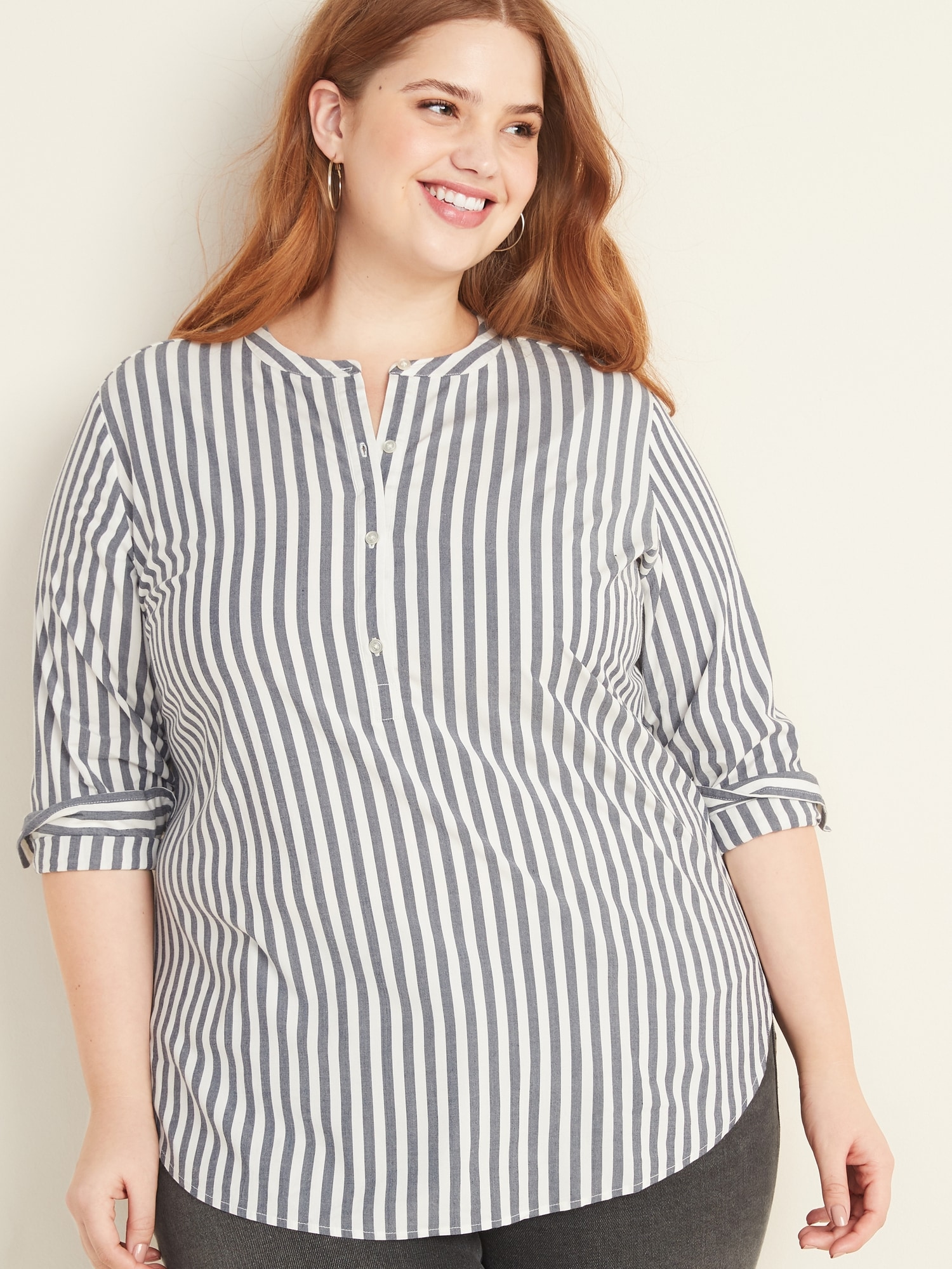 No-Peek Button-Front Plus-Size Popover Stretch Tunic | Old Navy