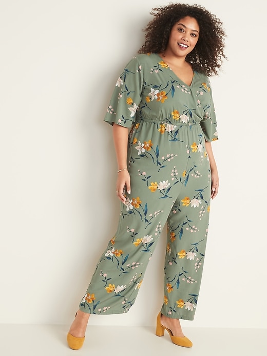View large product image 1 of 1. Plus-Size Wrap-Front Bell-Sleeve Jumpsuit