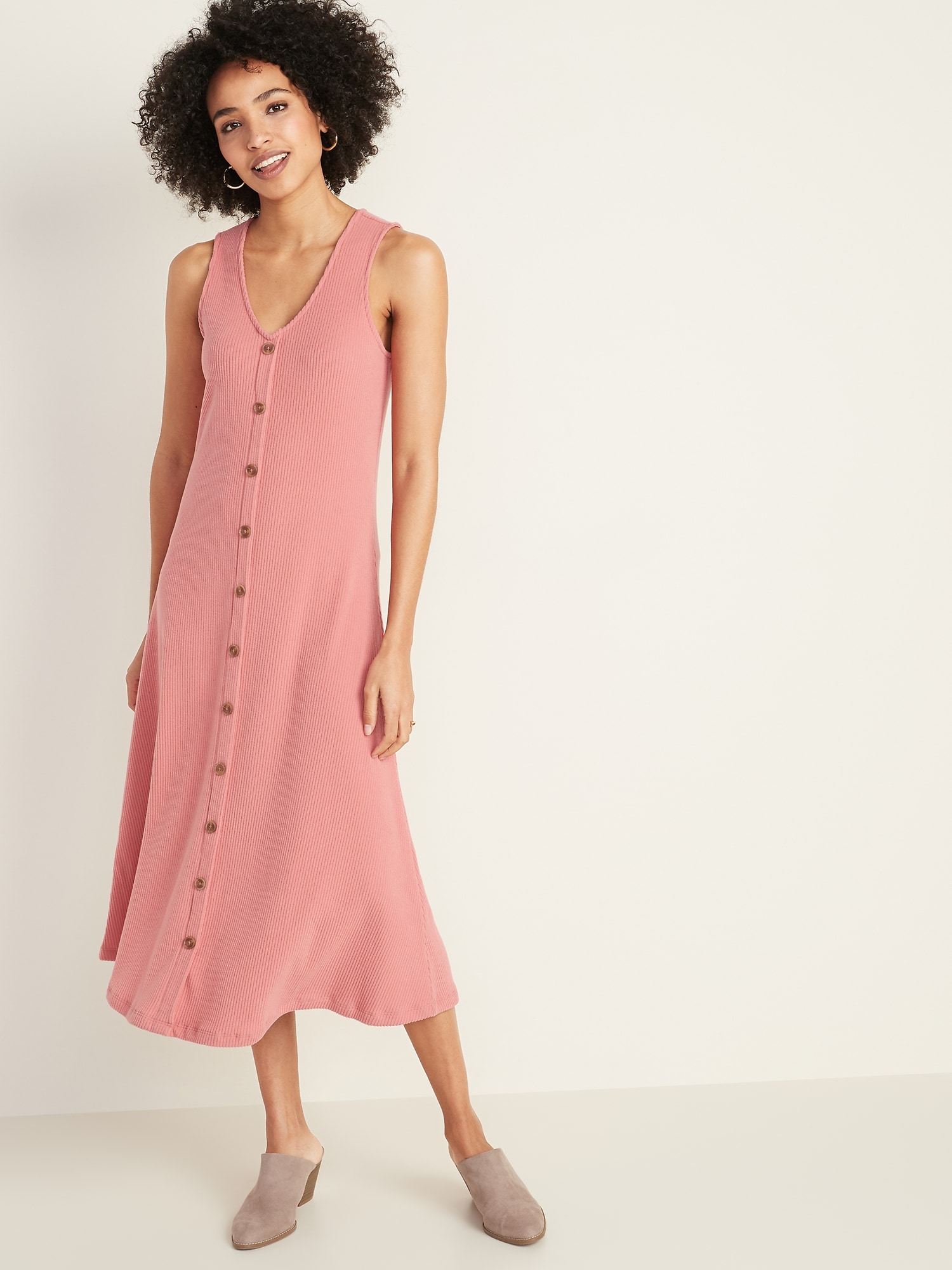 pink button front dress
