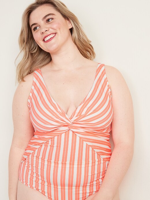 Image number 4 showing, Striped Secret-Slim Twist-Front Plus-Size One-Piece Swimsuit