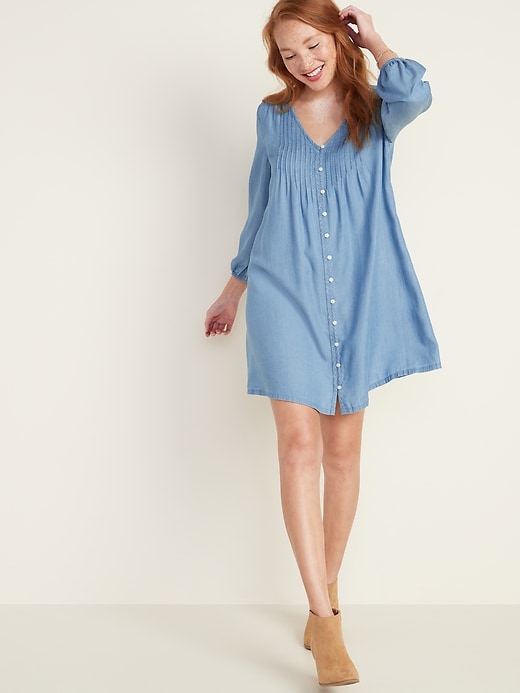 Image number 1 showing, Pintucked Button-Front Chambray Swing Dress for Women