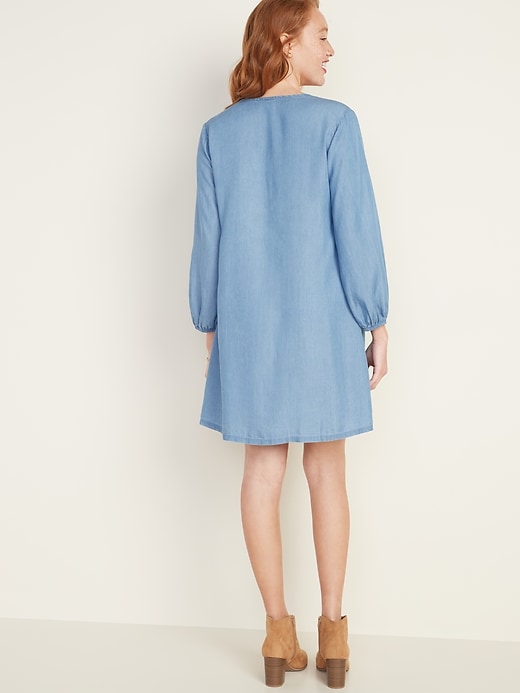 Image number 2 showing, Pintucked Button-Front Chambray Swing Dress for Women