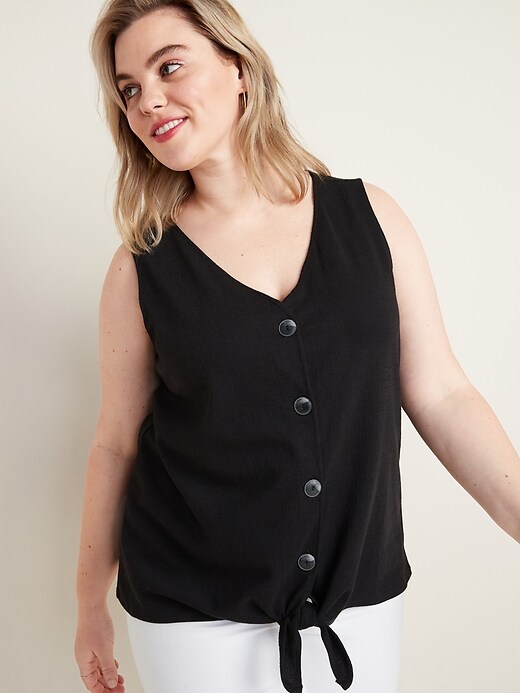 Image number 1 showing, Sleeveless Button-Front Tie-Hem Plus-Size Textured-Knit Top