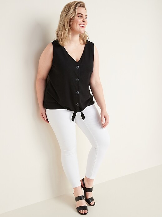 Image number 3 showing, Sleeveless Button-Front Tie-Hem Plus-Size Textured-Knit Top