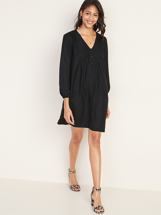 Image number 1 showing, Pintucked Button-Front Swing Dress for Women