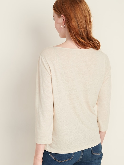 Image number 2 showing, Split-Neck Lace-Trim Linen-Blend Top for Women