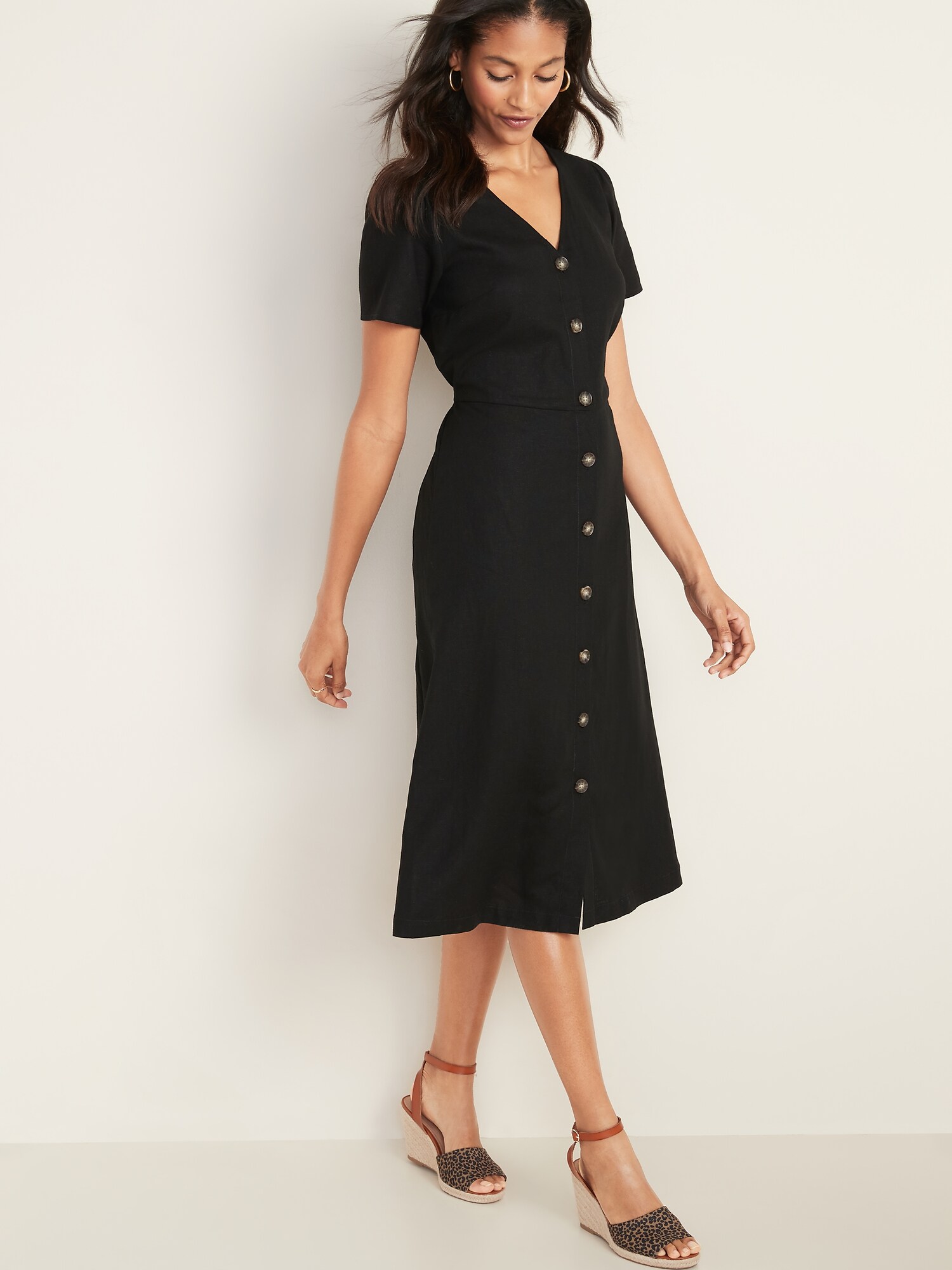 Fit \u0026 Flare Button-Front Linen-Blend Midi Dress | Old Navy