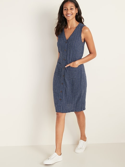 Image number 1 showing, Sleeveless Striped Linen-Blend Fit & Flare Dress for Women