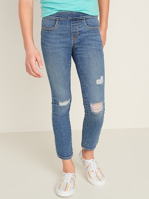 View large product image 1 of 3. Skinny Built-In Tough Distressed Pull-On Jeans for Girls