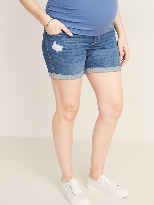 View large product image 1 of 3. Maternity Full-Panel Distressed Boyfriend Jean Shorts - 5-inch inseam