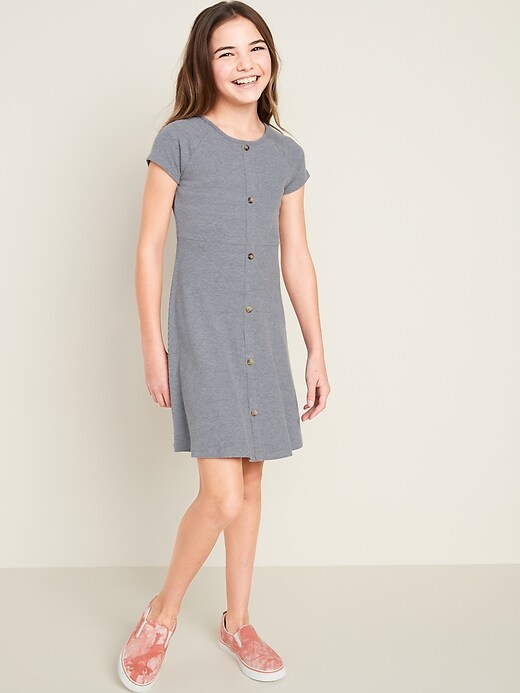 View large product image 1 of 1. Rib-Knit Faux Button-Front Skater Dress for Girls