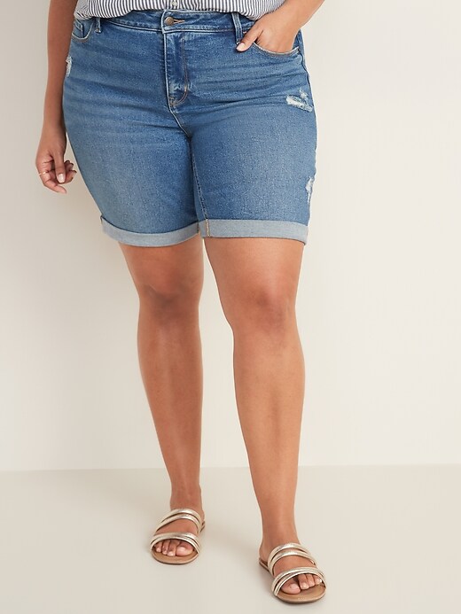 Image number 1 showing, Mid-Rise Secret-Slim Pockets Plus-Size Distressed Bermuda Jean Shorts - 9-inch inseam