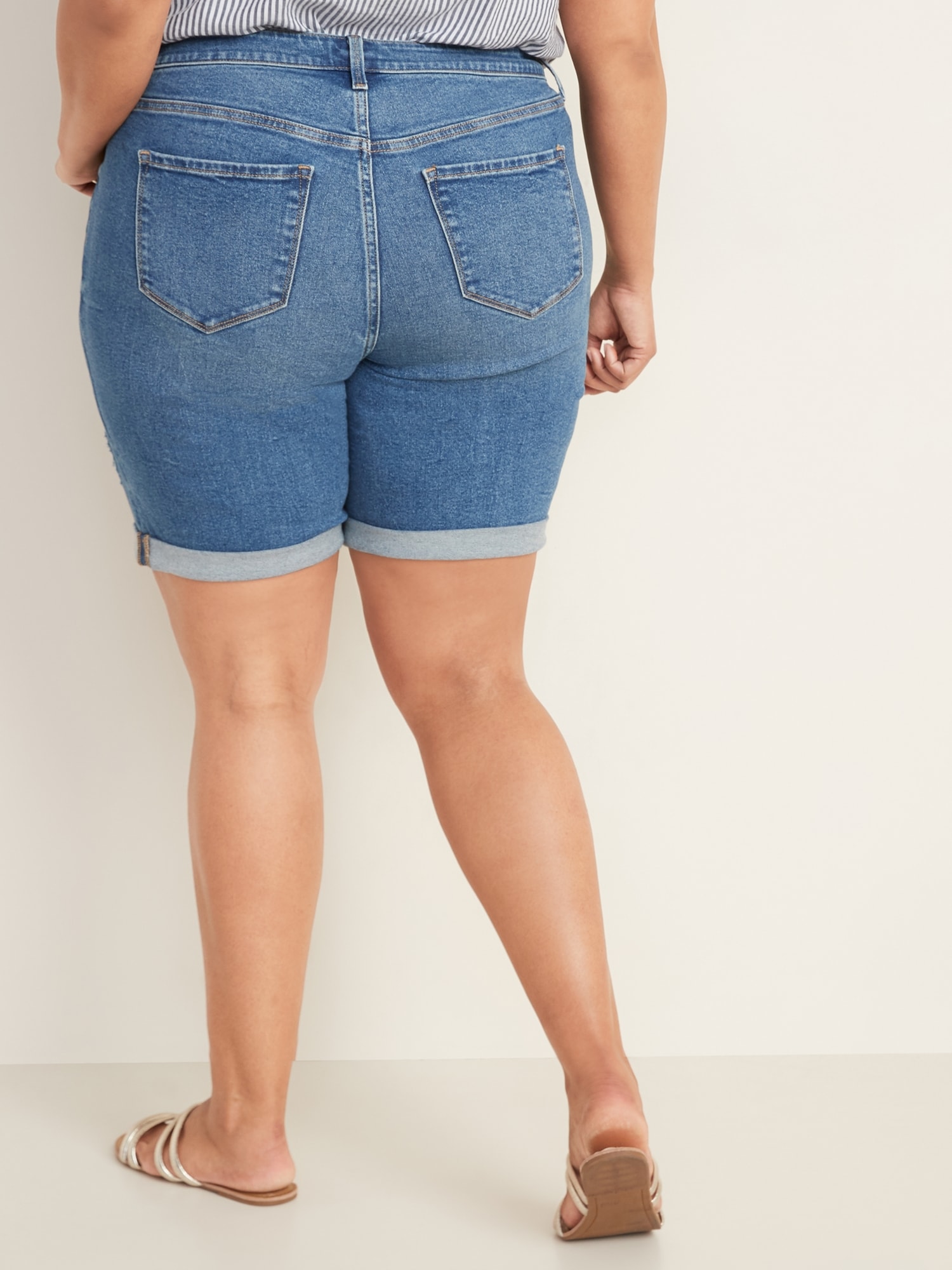 Mid Rise Secret Slim Pockets Plus Size Distressed Bermuda Jean Shorts 9 inch inseam Old Navy