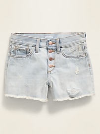 View large product image 3 of 3. High-Waisted Button-Fly Distressed Frayed-Hem Jean Shorts for Girls