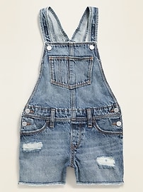 View large product image 3 of 3. Medium-Wash Distressed Jean Shortalls for Girls