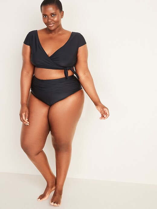 Floral Wrap-Front Cap-Sleeve Plus-Size Swim Top