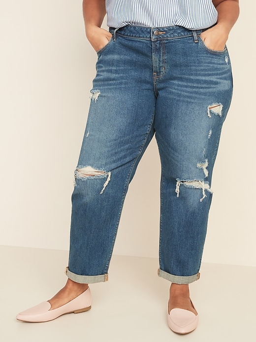 Image number 1 showing, Mid-Rise Plus-Size Boyfriend Straight Distressed Jeans