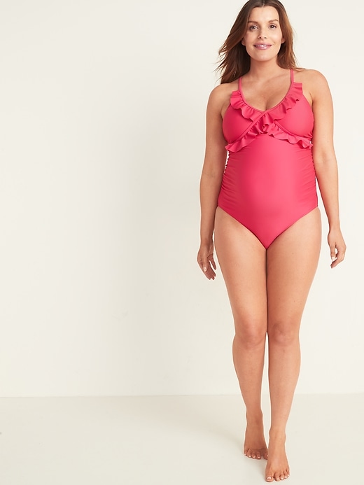 L'image numéro 3 présente Maillot de bain une-pièce de maternité à volants noué au dos