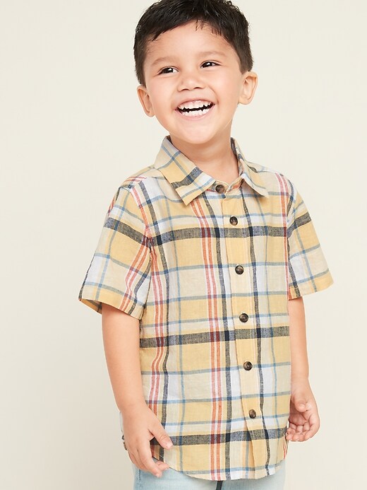 View large product image 1 of 1. Linen-Blend Plaid Shirt for Toddler Boys