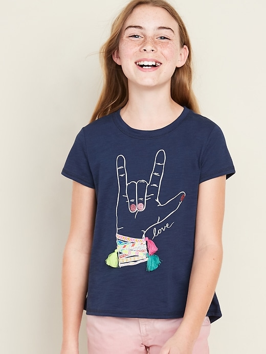 Voir une image plus grande du produit 1 de 2. T-shirt à dos fendu avec imprimé embelli pour fille