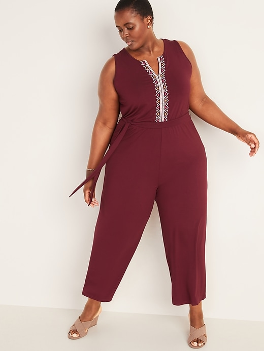 Image number 1 showing, Embroidered Tie-Belt Jersey Plus-Size Jumpsuit