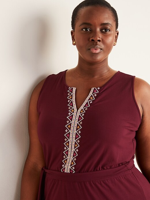 Image number 4 showing, Embroidered Tie-Belt Jersey Plus-Size Jumpsuit